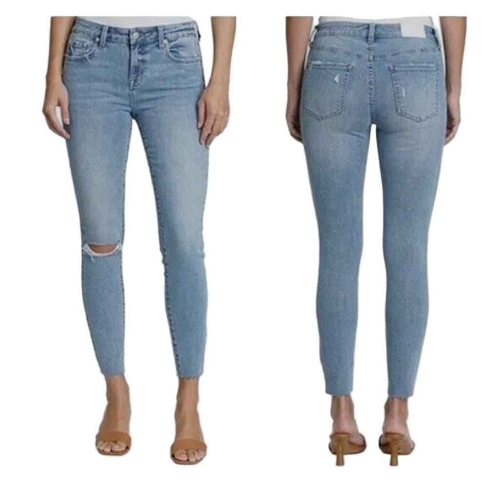 Pistola Audrey Jeans Women's 31 Mid-Rise Raw Hem Blue Denim Skinny in Radiate